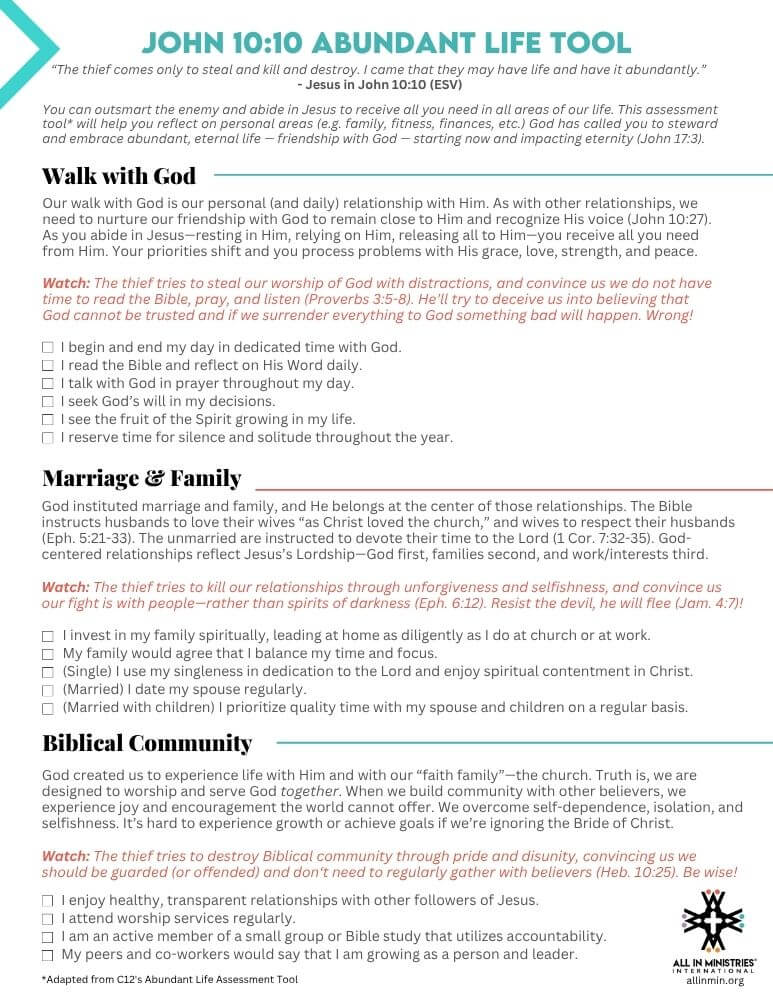 Printable Life assessment tool based on John 10:10 explaining the abundant life in Christ