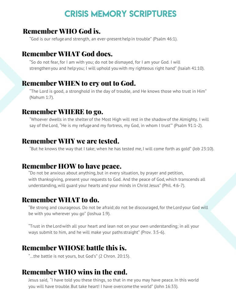 Scripture printable featuring Bible verses for times of crisis and verses for times of suffering
