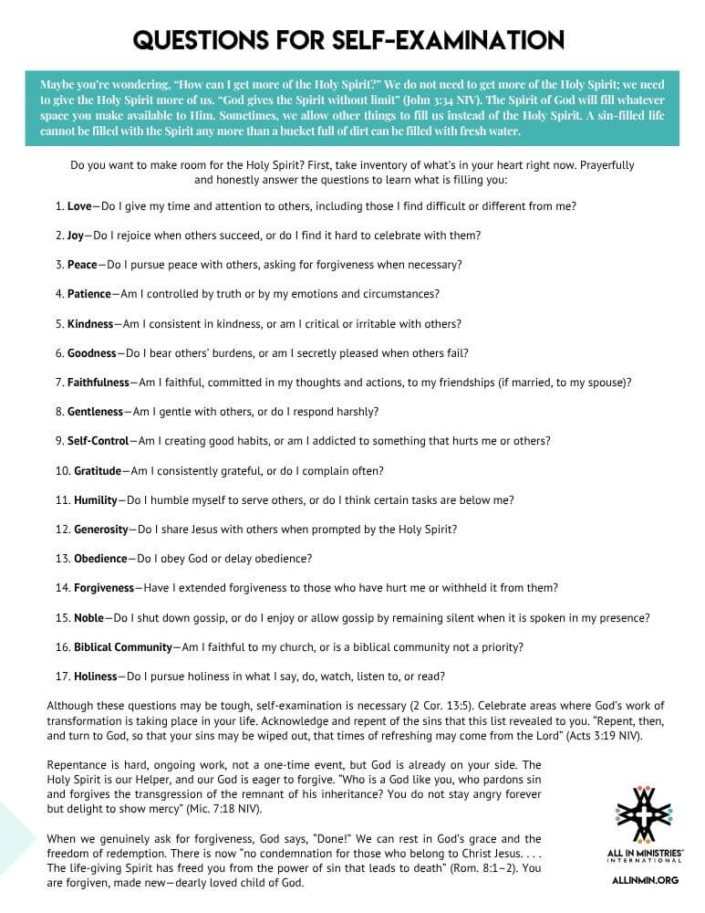 Reflection-based printable for personal spiritual self-examination