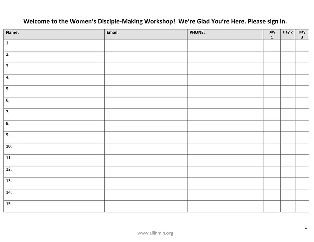All In Sign In List for 3 Day Workshop English